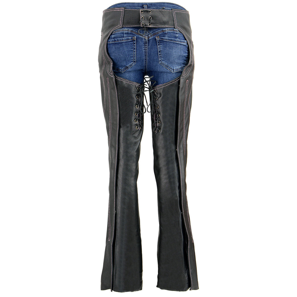 Chaps for Women Black and Pink Low-Rise Waist- Double Buckle Reflective Embroidery Motorcycle Chap- ML1187