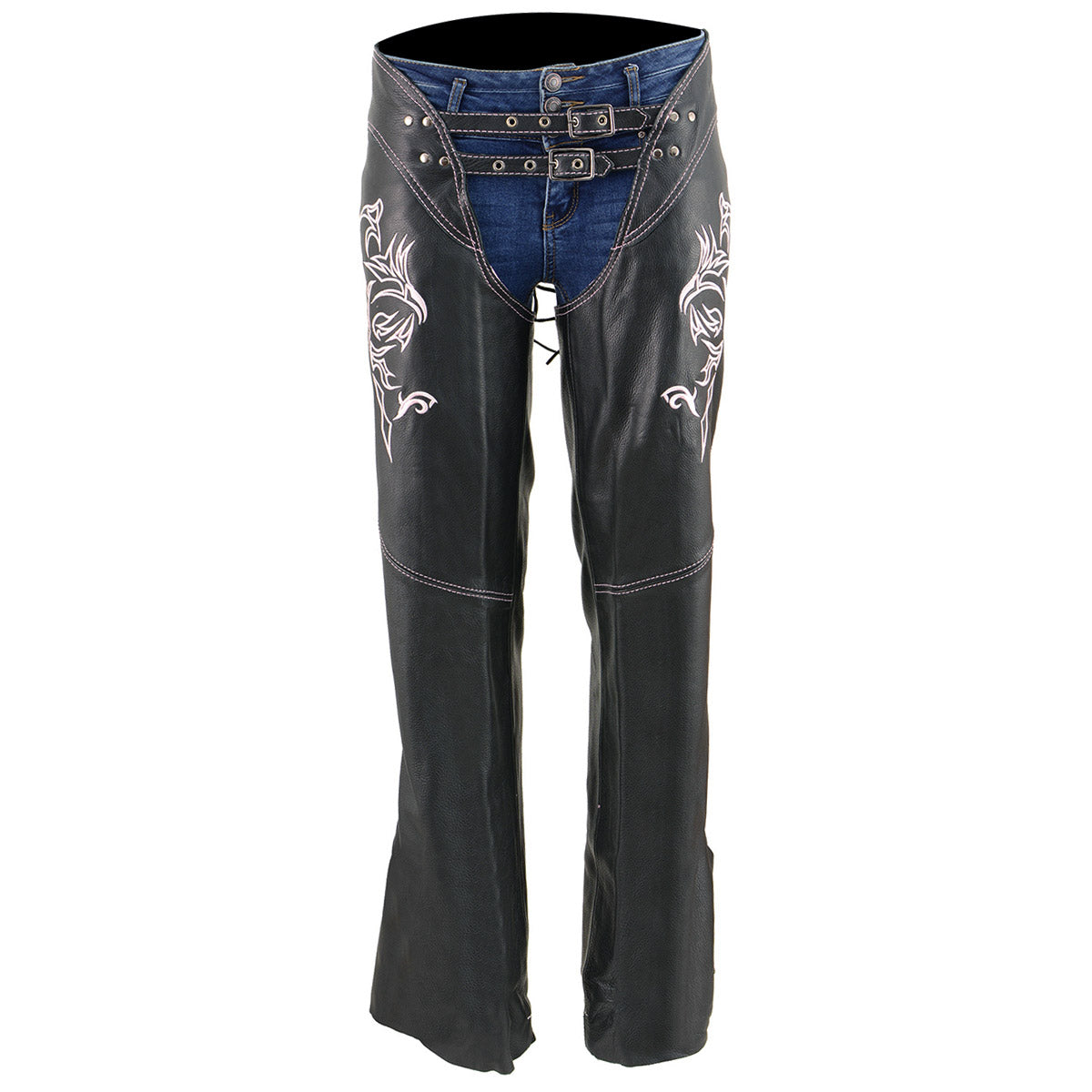 Chaps for Women Black and Pink Low-Rise Waist- Double Buckle Reflective Embroidery Motorcycle Chap- ML1187