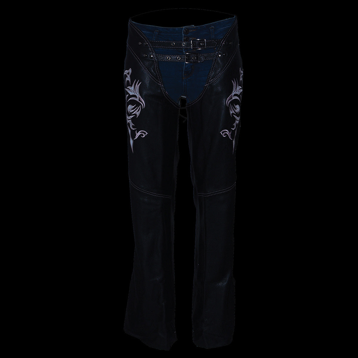 Chaps for Women Black and Pink Low-Rise Waist- Double Buckle Reflective Embroidery Motorcycle Chap- ML1187