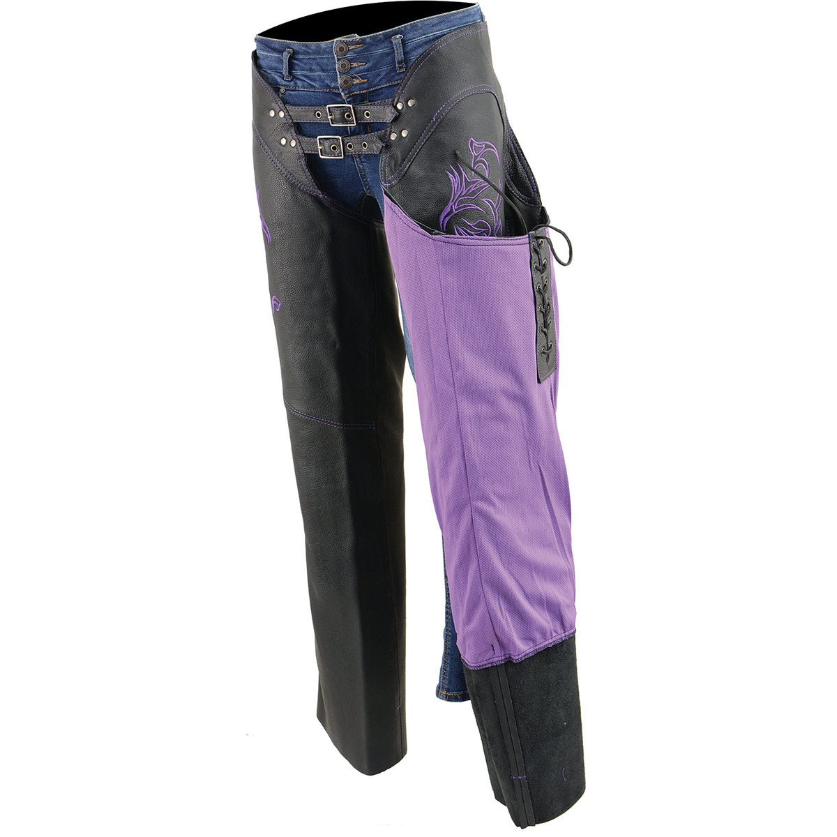 Chaps for Women Black and Purple Low-Rise Waist- Double Buckle Reflective Embroidery Motorcycle Chap- ML1187