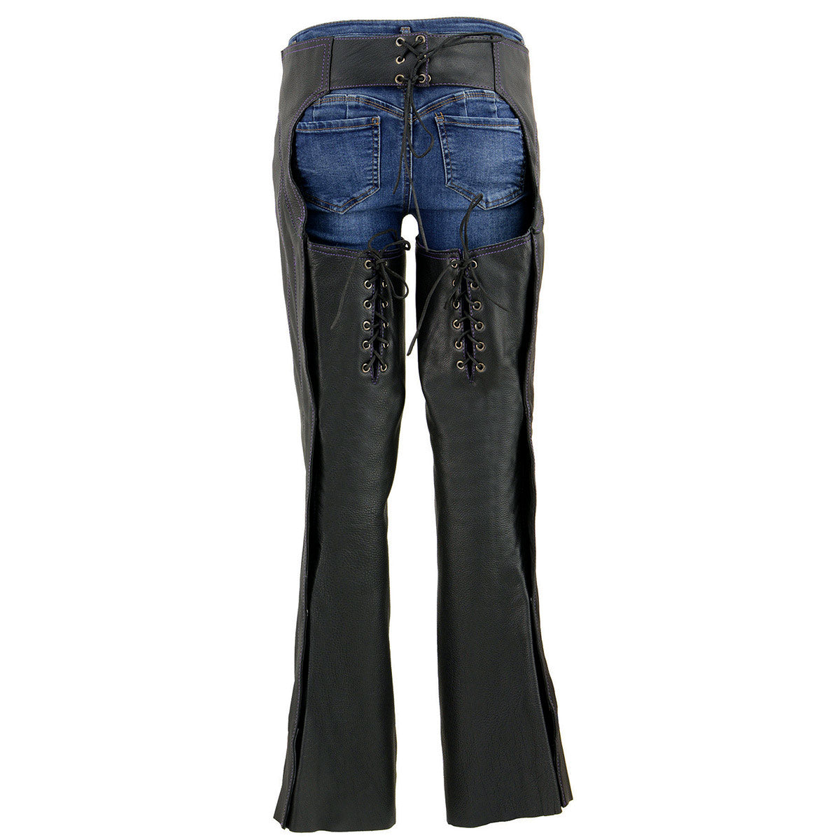 Chaps for Women Black and Purple Low-Rise Waist- Double Buckle Reflective Embroidery Motorcycle Chap- ML1187