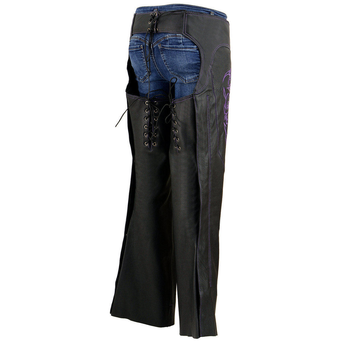 Chaps for Women Black and Purple Low-Rise Waist- Double Buckle Reflective Embroidery Motorcycle Chap- ML1187