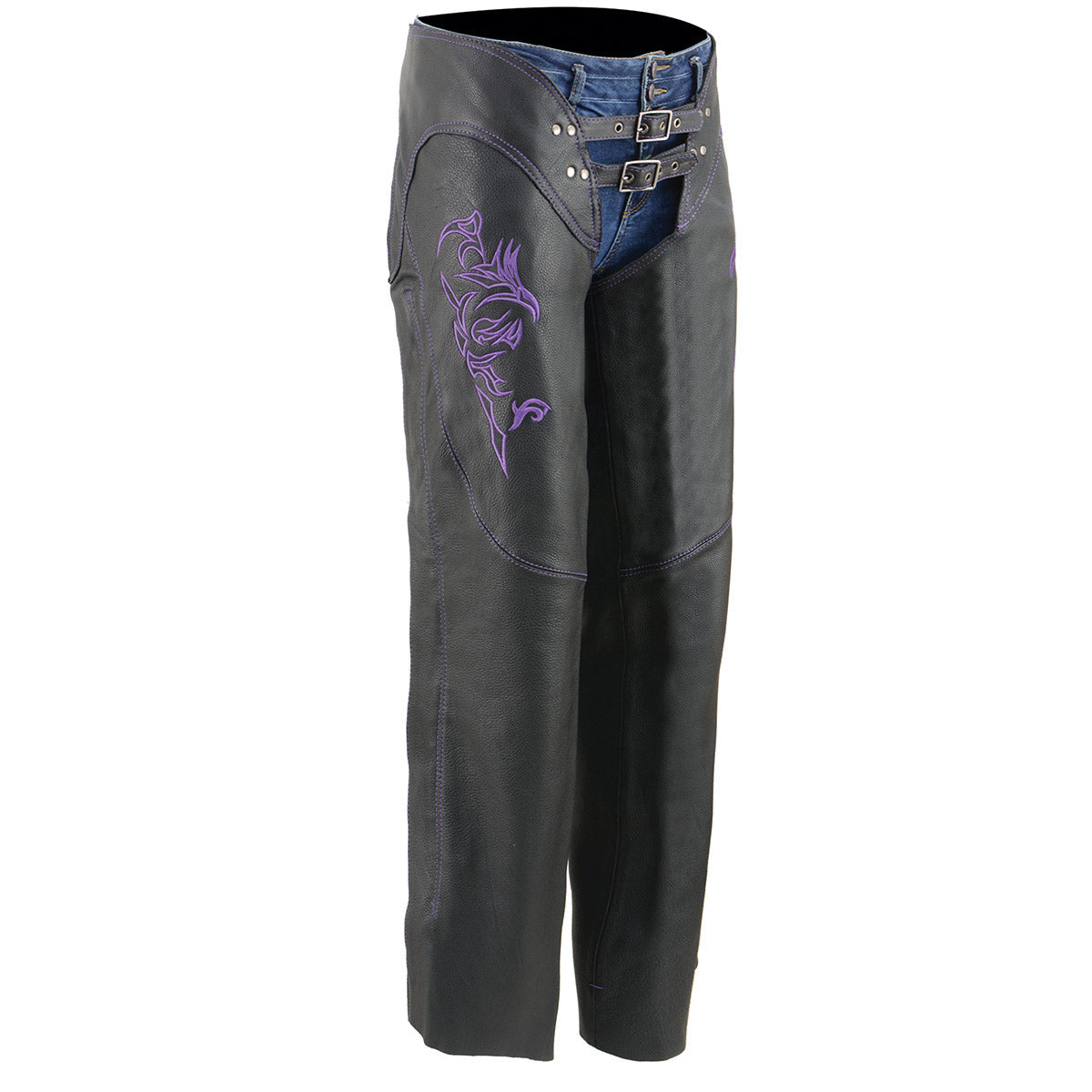 Chaps for Women Black and Purple Low-Rise Waist- Double Buckle Reflective Embroidery Motorcycle Chap- ML1187