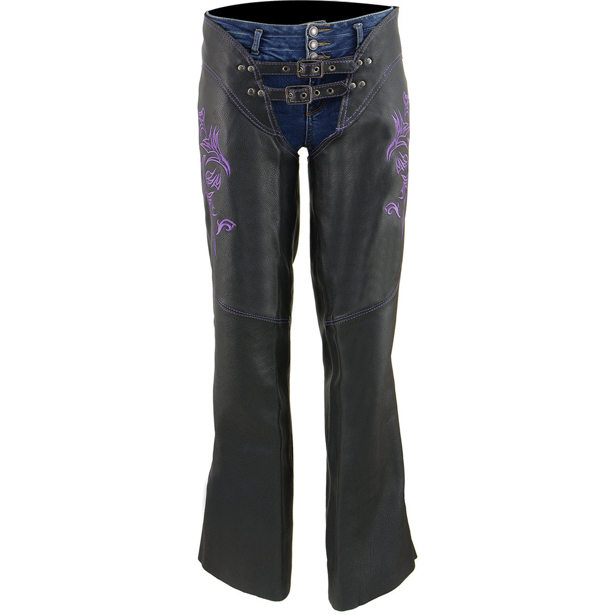 Chaps for Women Black and Purple Low-Rise Waist- Double Buckle Reflective Embroidery Motorcycle Chap- ML1187