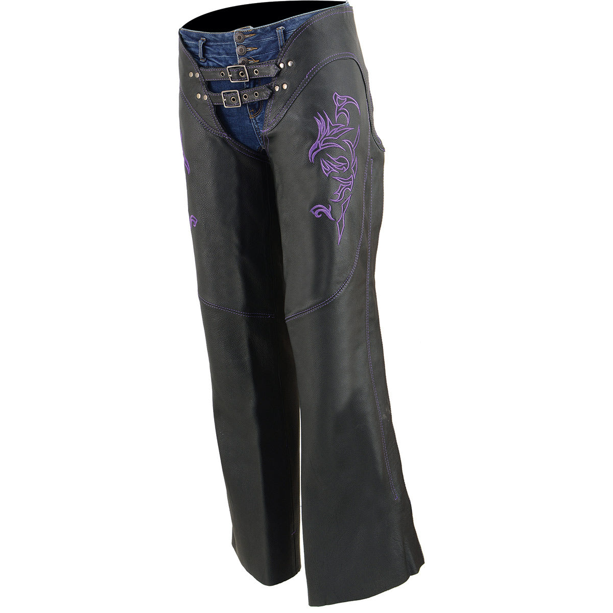 Chaps for Women Black and Purple Low-Rise Waist- Double Buckle Reflective Embroidery Motorcycle Chap- ML1187