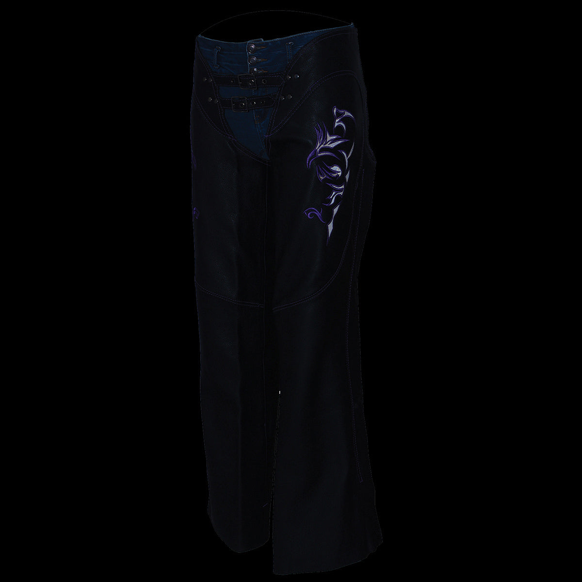 Chaps for Women Black and Purple Low-Rise Waist- Double Buckle Reflective Embroidery Motorcycle Chap- ML1187