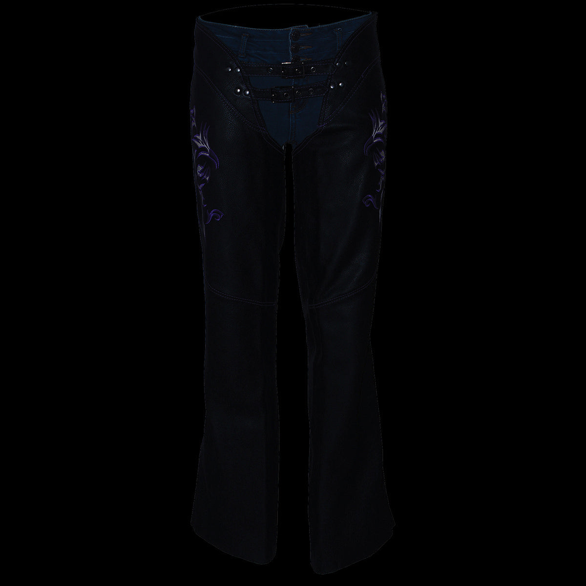 Chaps for Women Black and Purple Low-Rise Waist- Double Buckle Reflective Embroidery Motorcycle Chap- ML1187