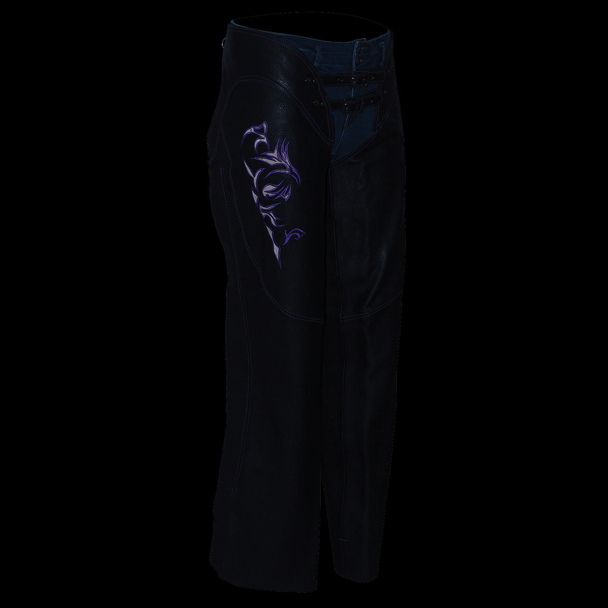 Chaps for Women Black and Purple Low-Rise Waist- Double Buckle Reflective Embroidery Motorcycle Chap- ML1187