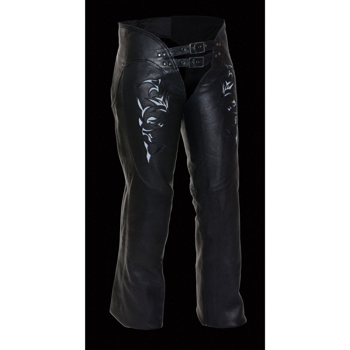 Chaps for Women Black Low-Rise Waist- Double Buckle Reflective Embroidery Motorcycle Chap- ML1187