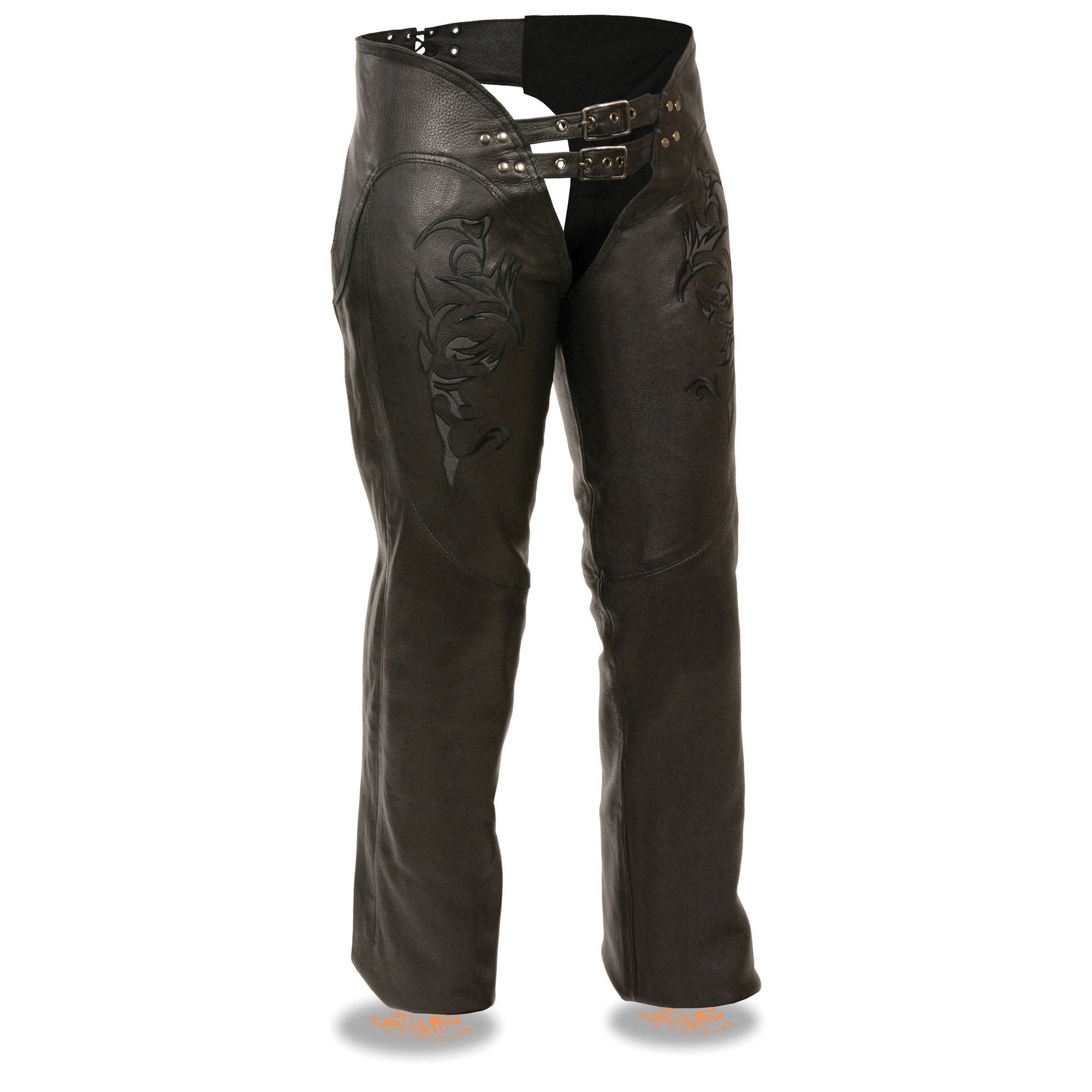 Chaps for Women Black Low-Rise Waist- Double Buckle Reflective Embroidery Motorcycle Chap- ML1187