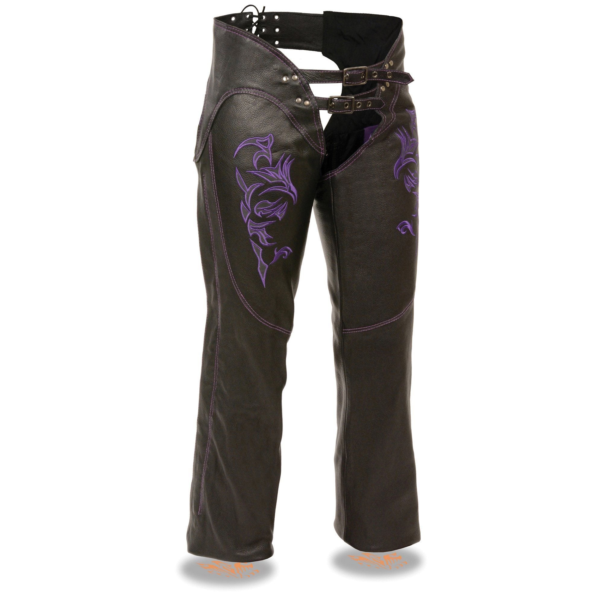 Chaps for Women Black and Purple Low-Rise Waist- Double Buckle Reflective Embroidery Motorcycle Chap- ML1187