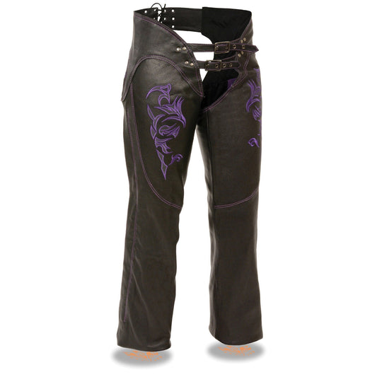 Chaps for Women Black and Purple Low-Rise Waist- Double Buckle Reflective Embroidery Motorcycle Chap- ML1187