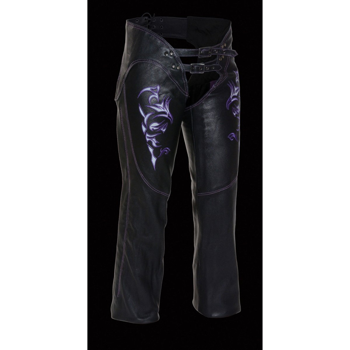 Chaps for Women Black and Purple Low-Rise Waist- Double Buckle Reflective Embroidery Motorcycle Chap- ML1187