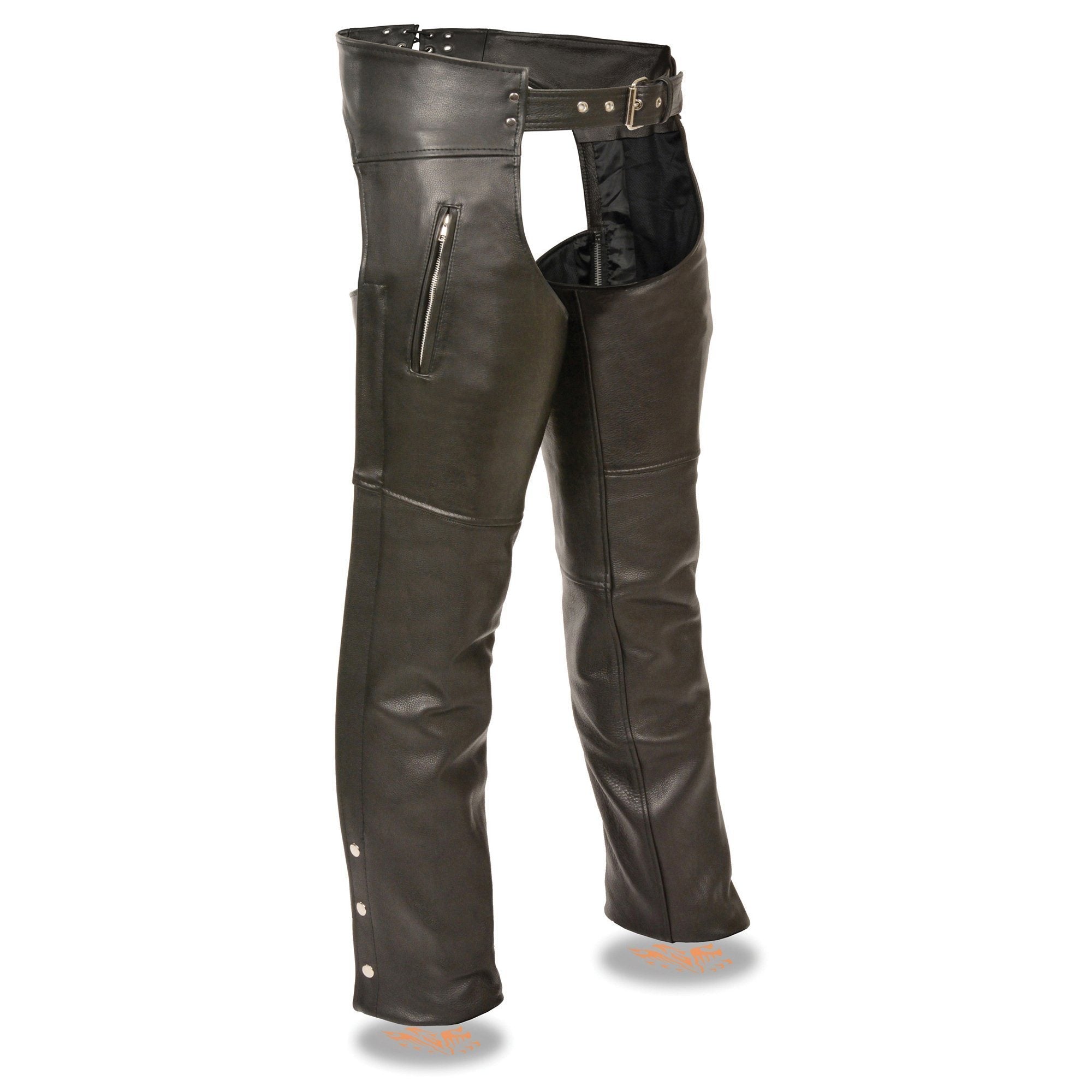 Men's Black Premium Leather Motorcycle Rider Chaps w/ Thigh Pocket and Mesh Liner-ML1190