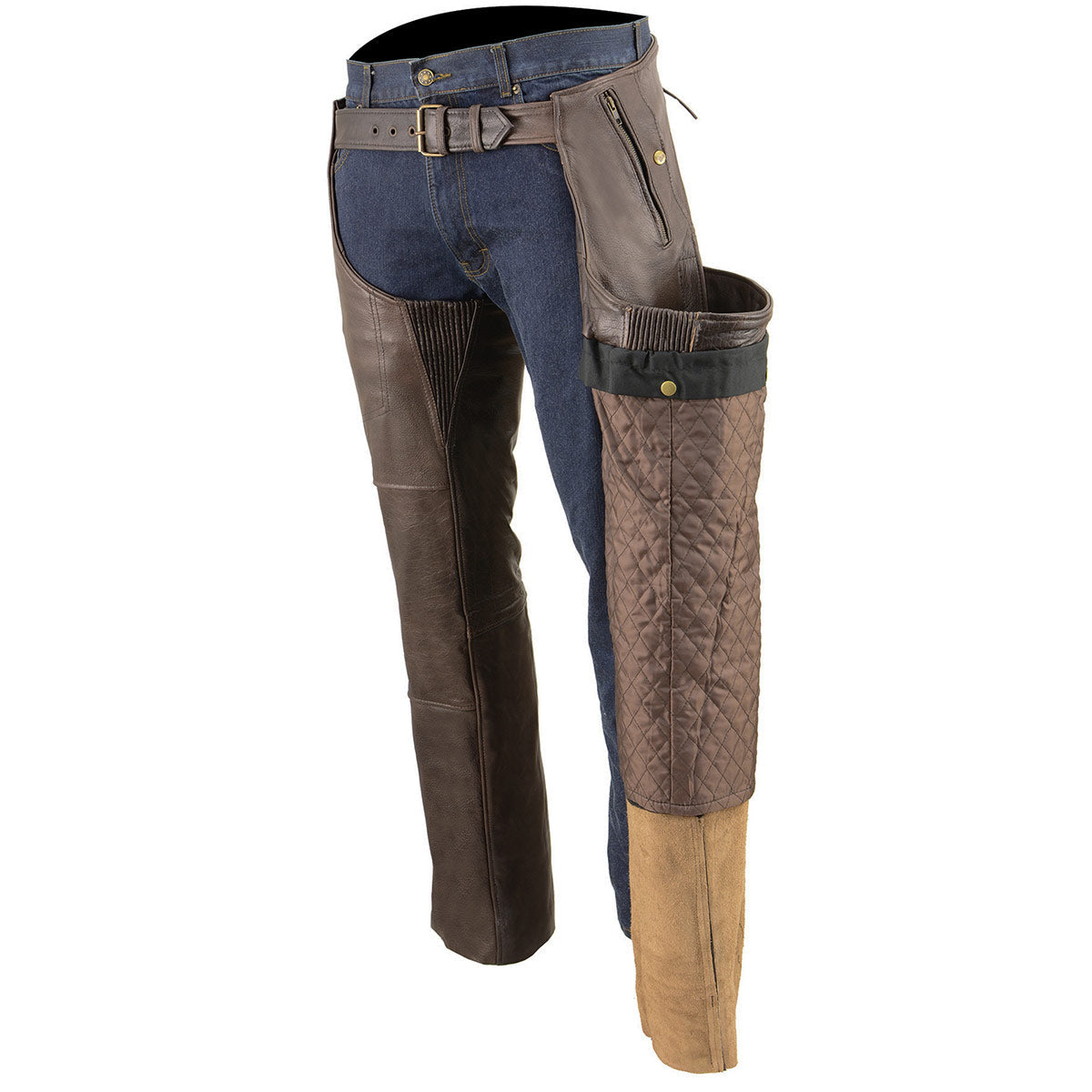Men's Retro Brown Premium Leather Motorcycle Rider Chaps w/ Snap Out Thermal Liner/ 4-Pockets-ML1191RT