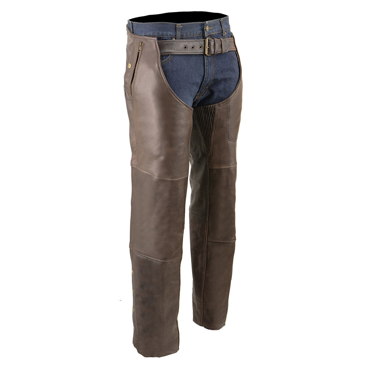 Men's Retro Brown Premium Leather Motorcycle Rider Chaps w/ Snap Out Thermal Liner/ 4-Pockets-ML1191RT