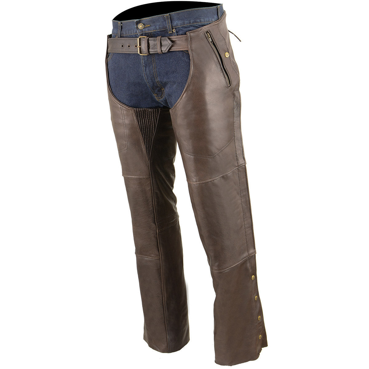 Men's Retro Brown Premium Leather Motorcycle Rider Chaps w/ Snap Out Thermal Liner/ 4-Pockets-ML1191RT