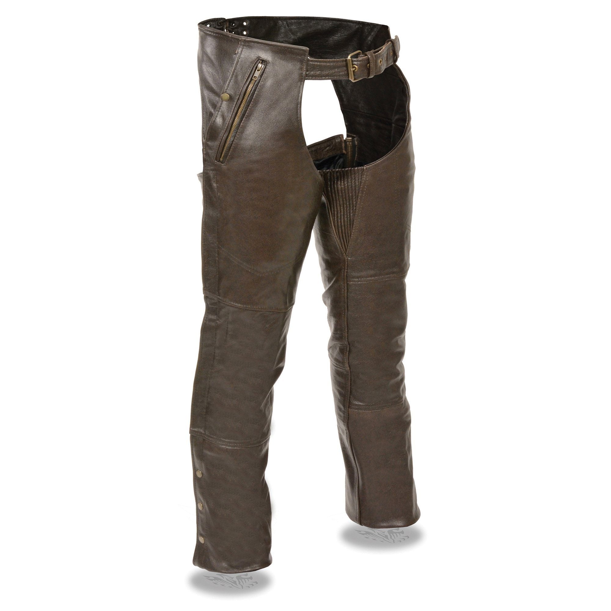Men's Retro Brown Premium Leather Motorcycle Rider Chaps w/ Snap Out Thermal Liner/ 4-Pockets-ML1191RT