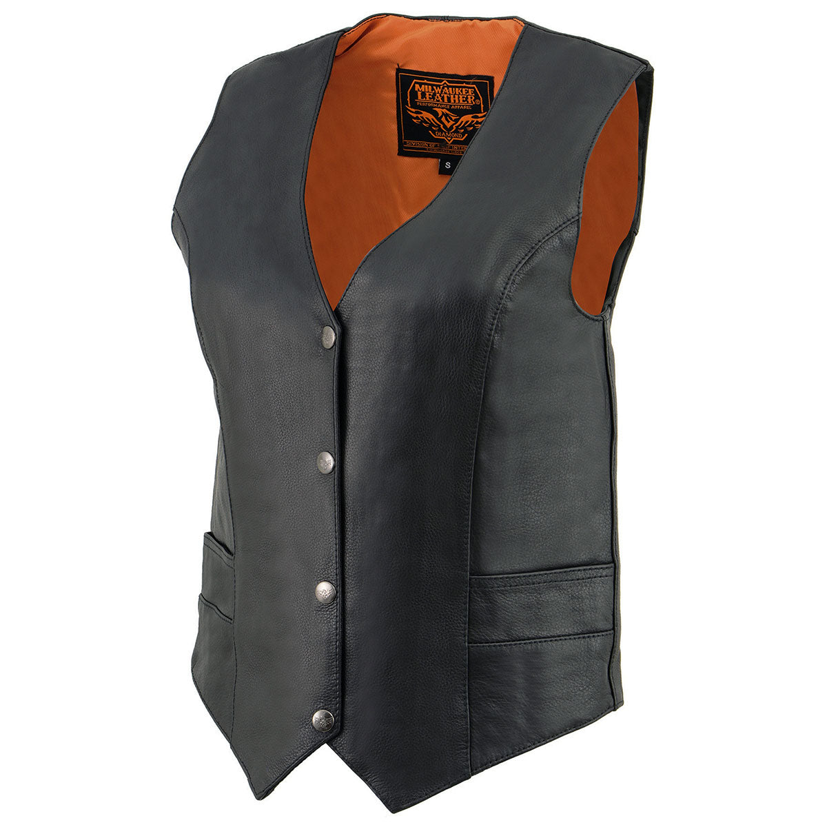 ML1253 Women's Black Premium Leather Motorcycle Rider Vest w/ Snap Button Closure