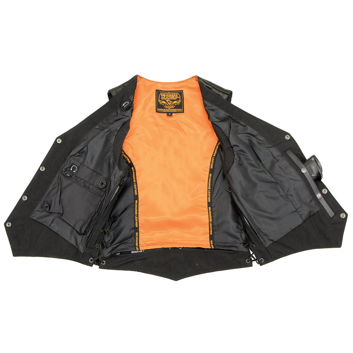 ML1254 Women's Black Premium Leather Side Lace Motorcycle Rider Vest w/  Logo Snaps Closure