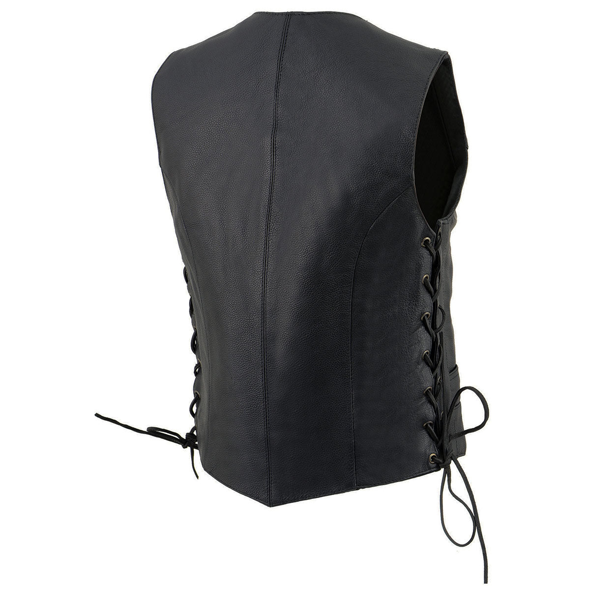 ML1254 Women's Black Premium Leather Side Lace Motorcycle Rider Vest w/  Logo Snaps Closure