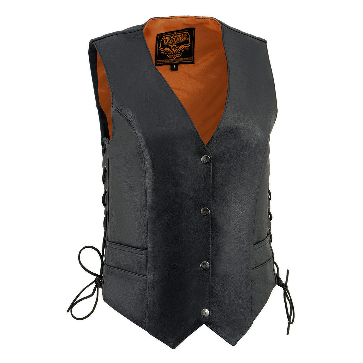 ML1254 Women's Black Premium Leather Side Lace Motorcycle Rider Vest w/  Logo Snaps Closure