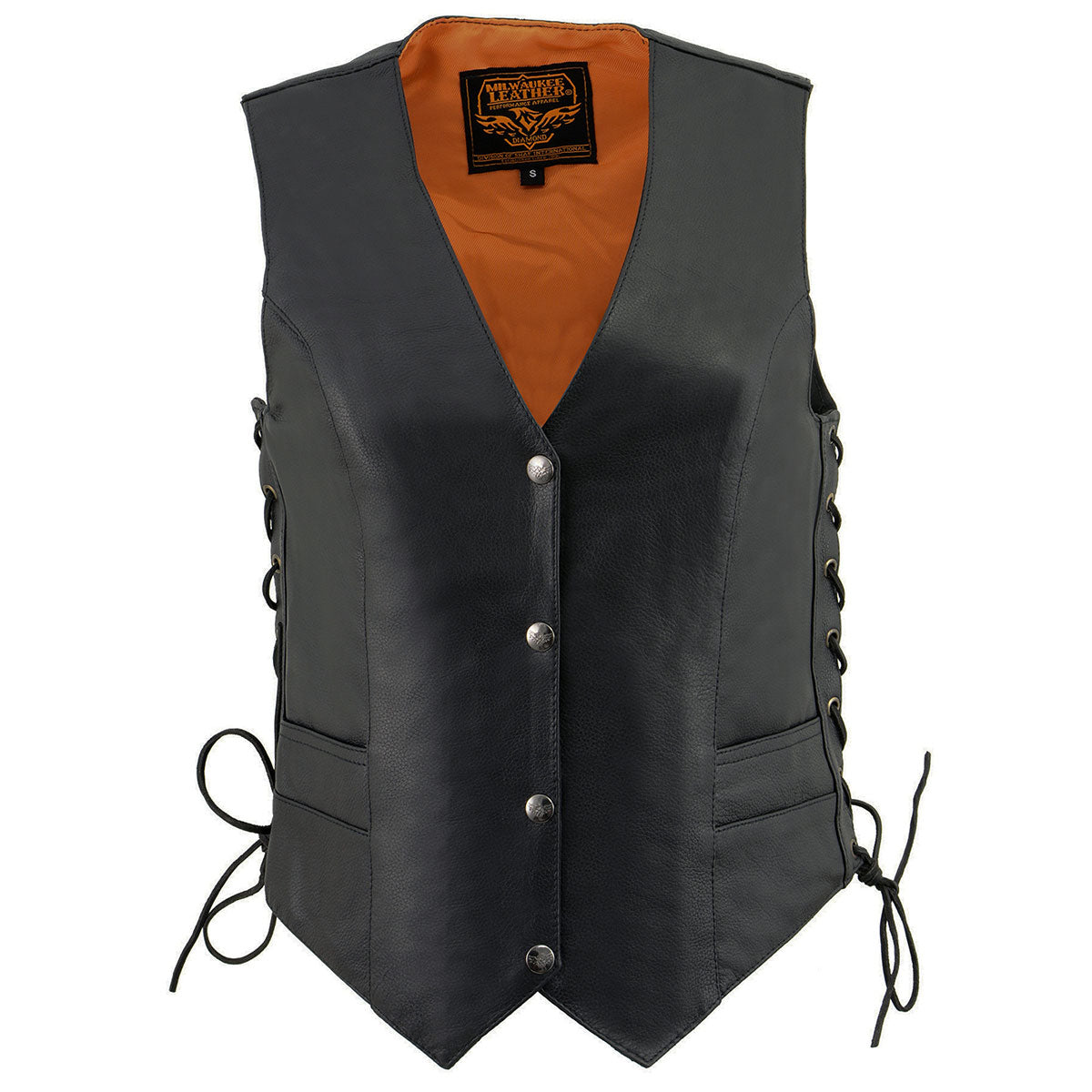 ML1254 Women's Black Premium Leather Side Lace Motorcycle Rider Vest w/  Logo Snaps Closure