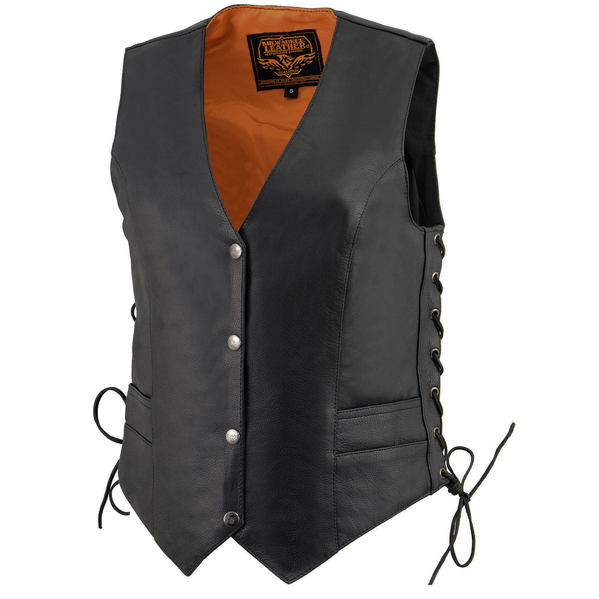 ML1254 Women's Black Premium Leather Side Lace Motorcycle Rider Vest w/  Logo Snaps Closure