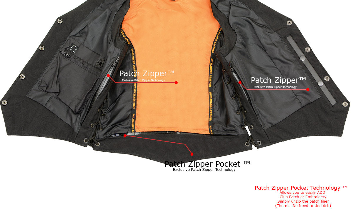 ML1254 Women's Black Premium Leather Side Lace Motorcycle Rider Vest w/  Logo Snaps Closure