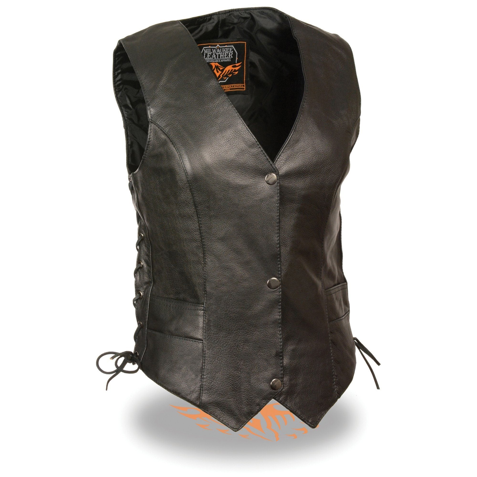 ML1254 Women's Black Premium Leather Side Lace Motorcycle Rider Vest w/  Logo Snaps Closure