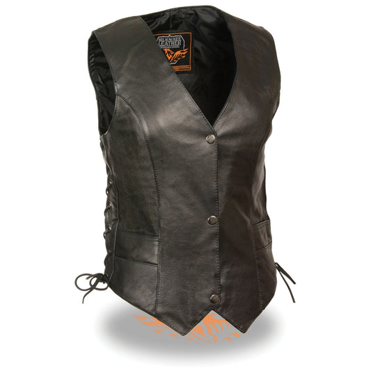 ML1254 Women's Black Premium Leather Side Lace Motorcycle Rider Vest w/  Logo Snaps Closure