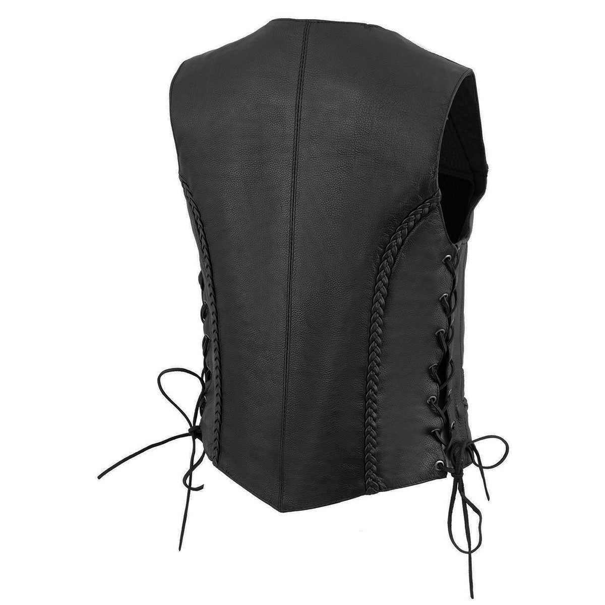 ML1255 Women's Black Braided Premium Leather Side Lace Motorcycle Rider Vest