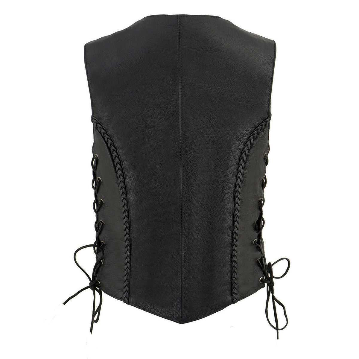 ML1255 Women's Black Braided Premium Leather Side Lace Motorcycle Rider Vest