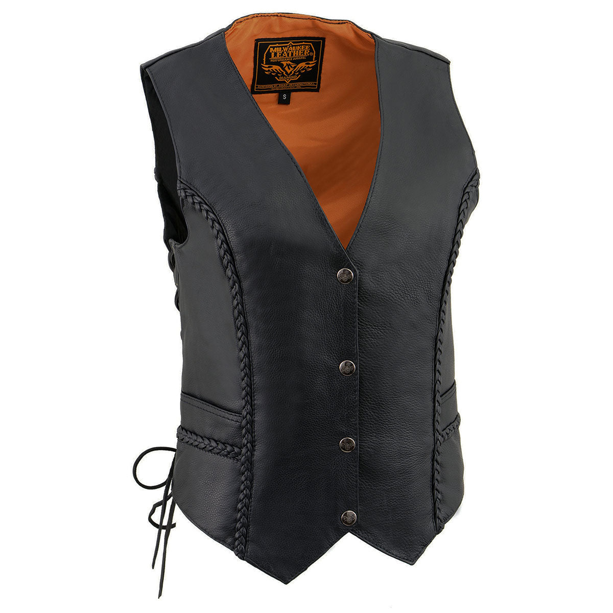 ML1255 Women's Black Braided Premium Leather Side Lace Motorcycle Rider Vest