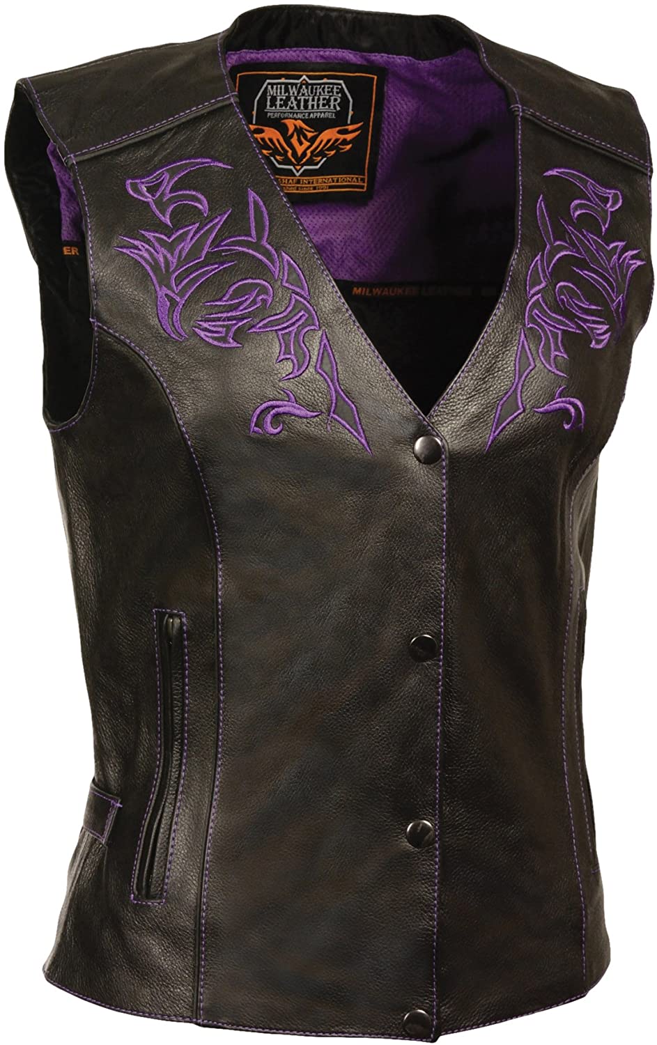 ML1293 Women's Black and Purple ‘Wing Studded’ Leather Vest