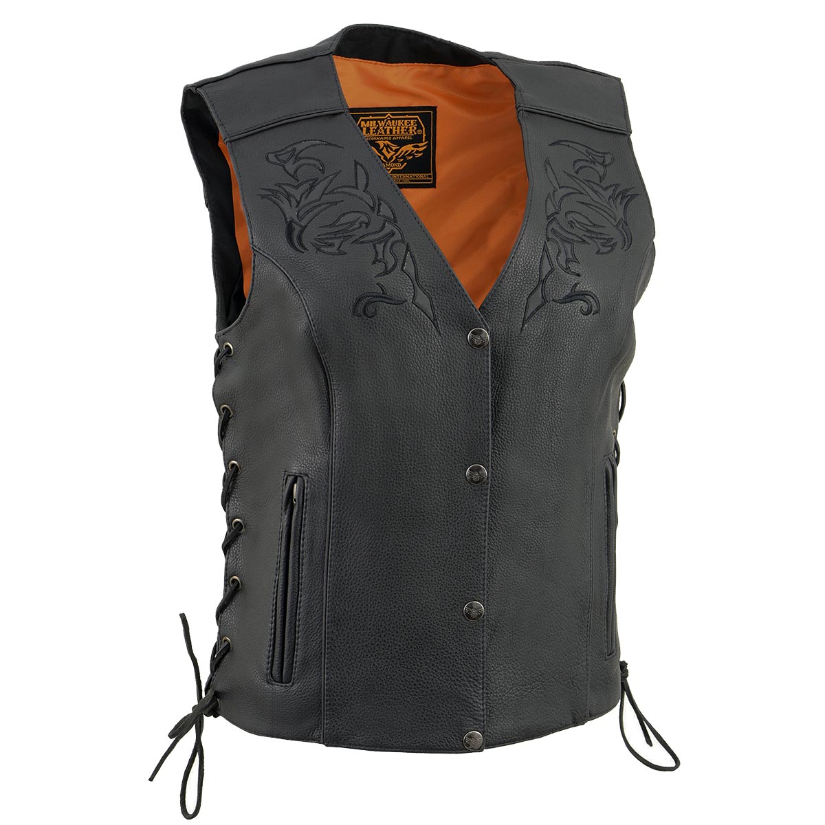 ML1296 Women's Black Leather Side Laced Motorcycle Vest w/ Reflective Tribal