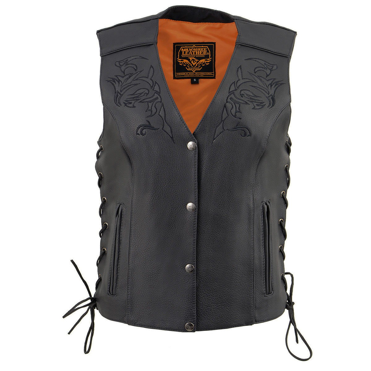 ML1296 Women's Black Leather Side Laced Motorcycle Vest w/ Reflective Tribal