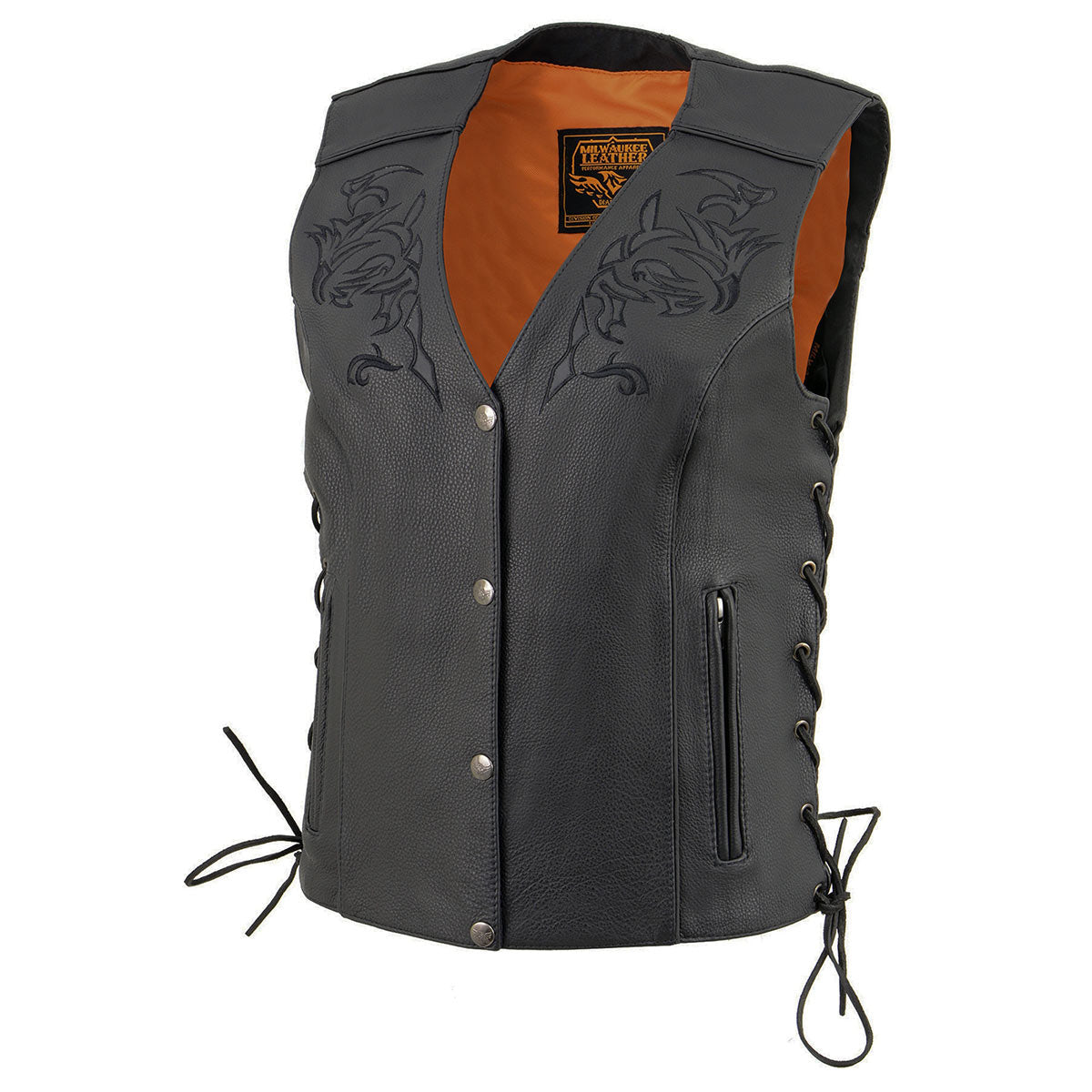 ML1296 Women's Black Leather Side Laced Motorcycle Vest w/ Reflective Tribal