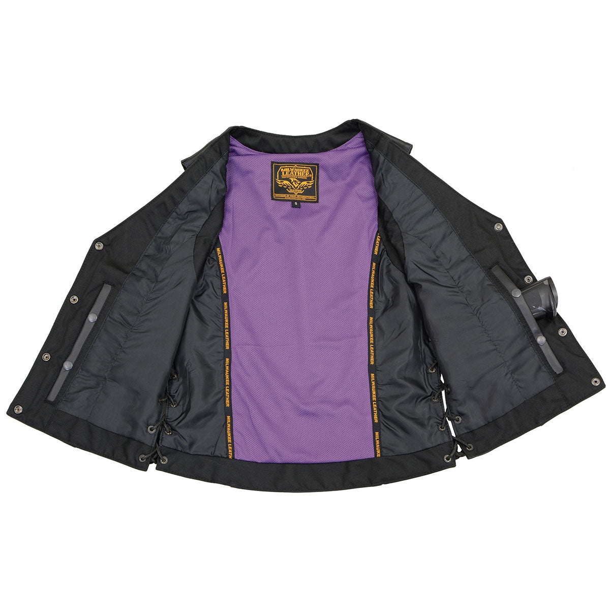 ML1296 Women's Black/Purple Leather Side Laced Motorcycle Vest w/ Reflective Tribal
