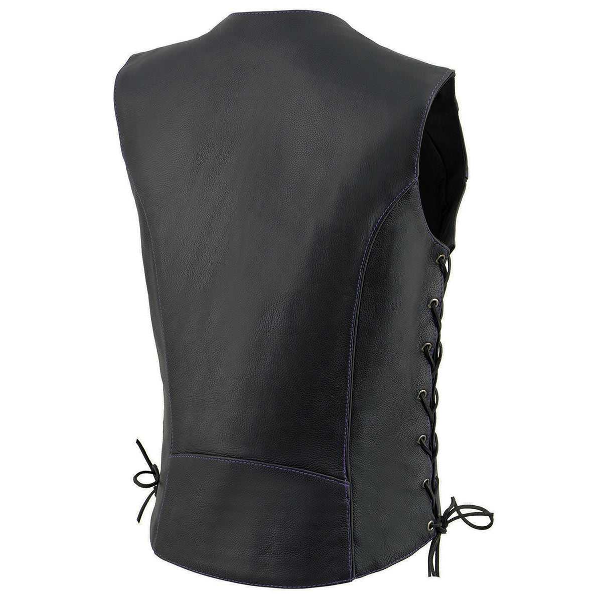 ML1296 Women's Black/Purple Leather Side Laced Motorcycle Vest w/ Reflective Tribal