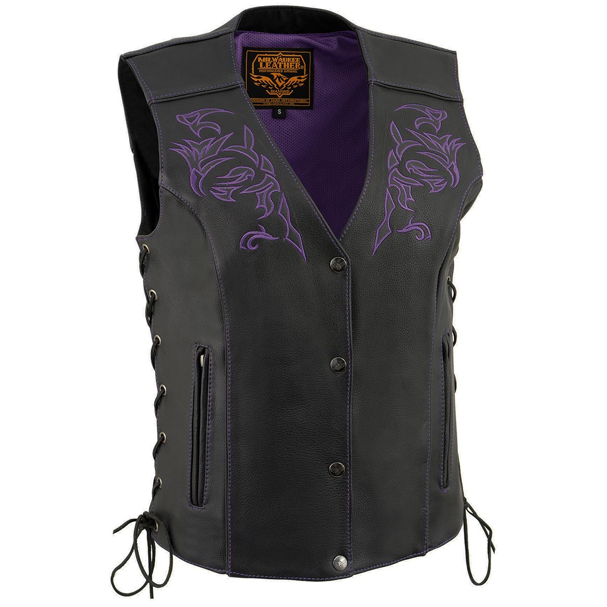 ML1296 Women's Black/Purple Leather Side Laced Motorcycle Vest w/ Reflective Tribal