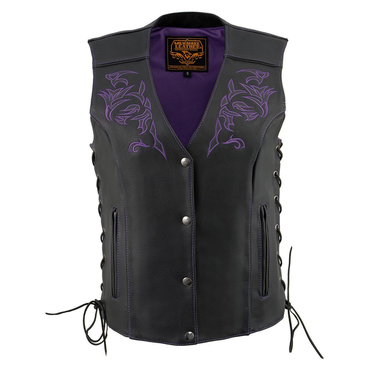 ML1296 Women's Black/Purple Leather Side Laced Motorcycle Vest w/ Reflective Tribal