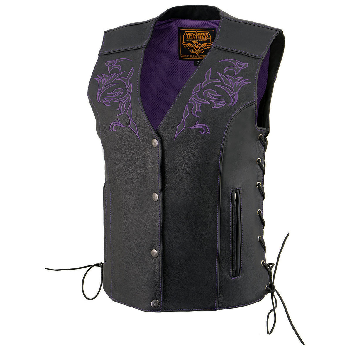 ML1296 Women's Black/Purple Leather Side Laced Motorcycle Vest w/ Reflective Tribal