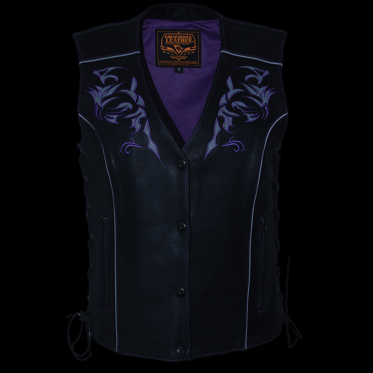 ML1296 Women's Black/Purple Leather Side Laced Motorcycle Vest w/ Reflective Tribal