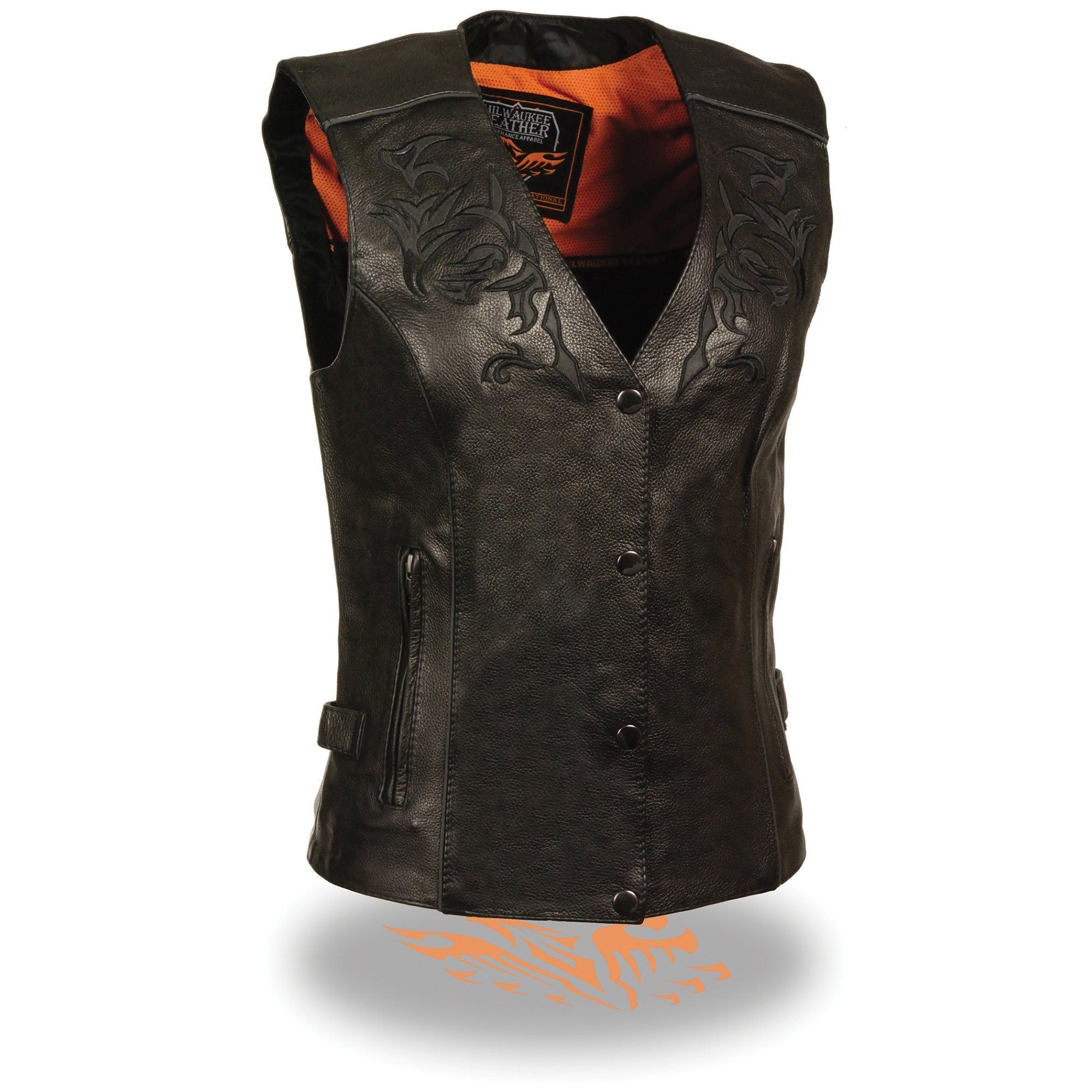 ML1296 Women's Black Leather Side Laced Motorcycle Vest w/ Reflective Tribal