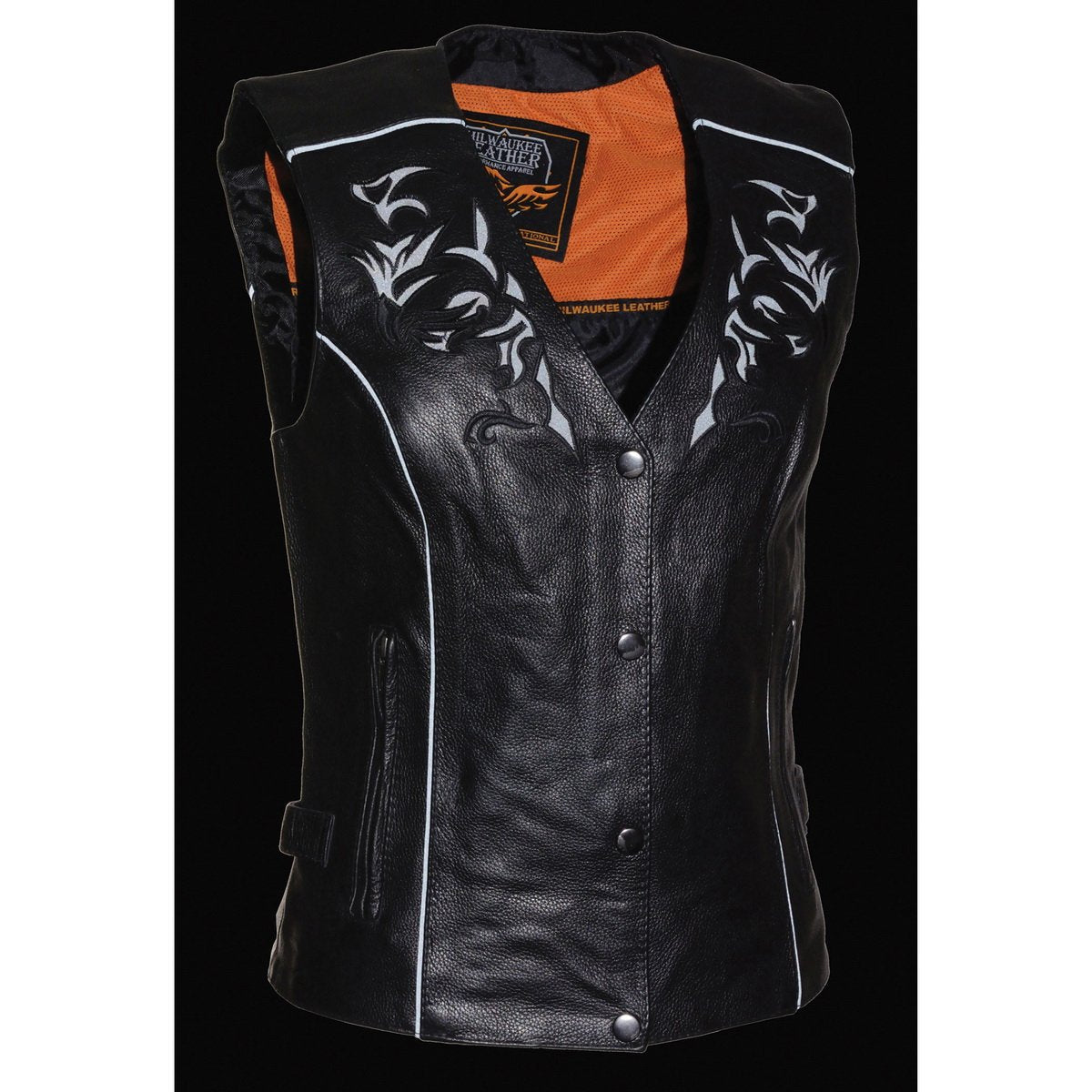 ML1296 Women's Black Leather Side Laced Motorcycle Vest w/ Reflective Tribal