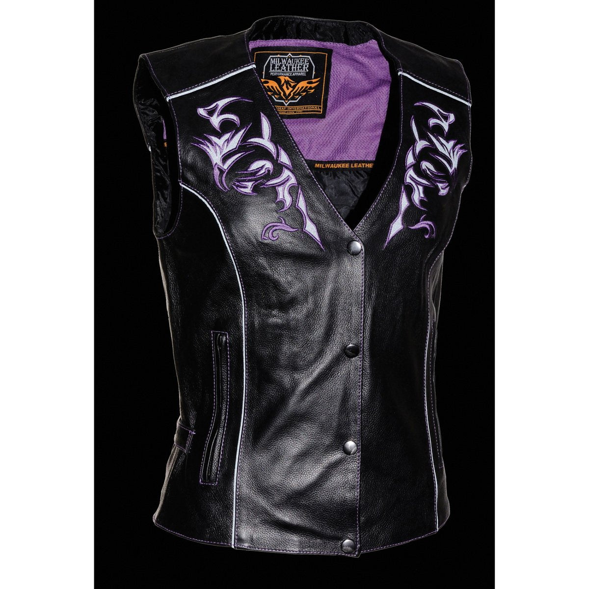 ML1296 Women's Black/Purple Leather Side Laced Motorcycle Vest w/ Reflective Tribal