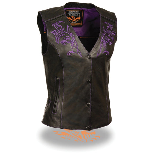 ML1296 Women's Black/Purple Leather Side Laced Motorcycle Vest w/ Reflective Tribal