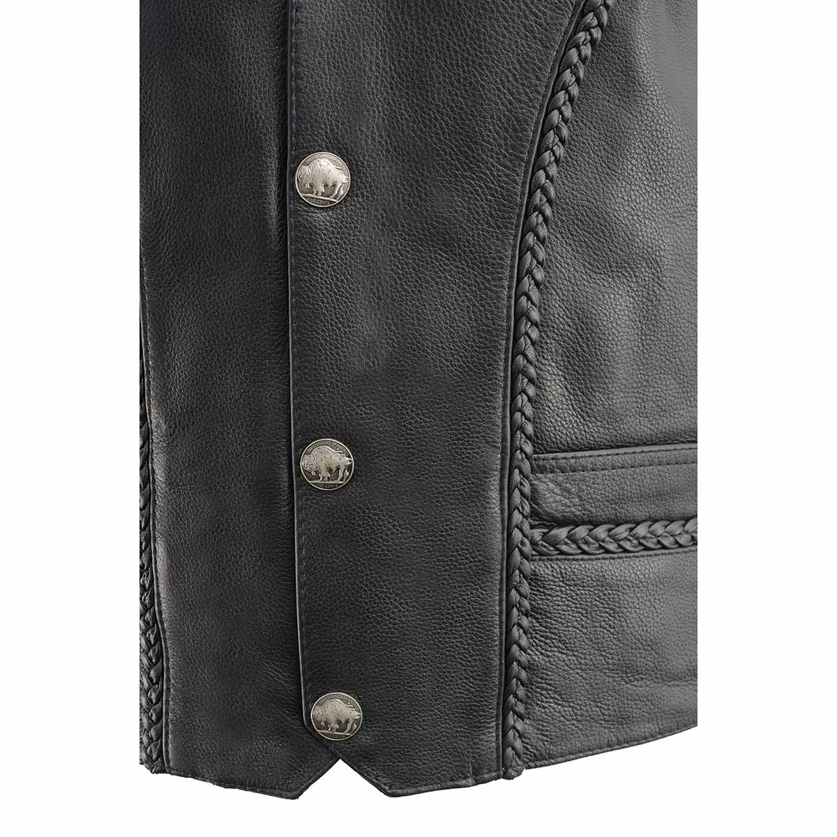 ML1359 Men's Black Premium Leather Side Lace Motorcycle Rider Vest w/ Buffalo Nickel Snaps Closure