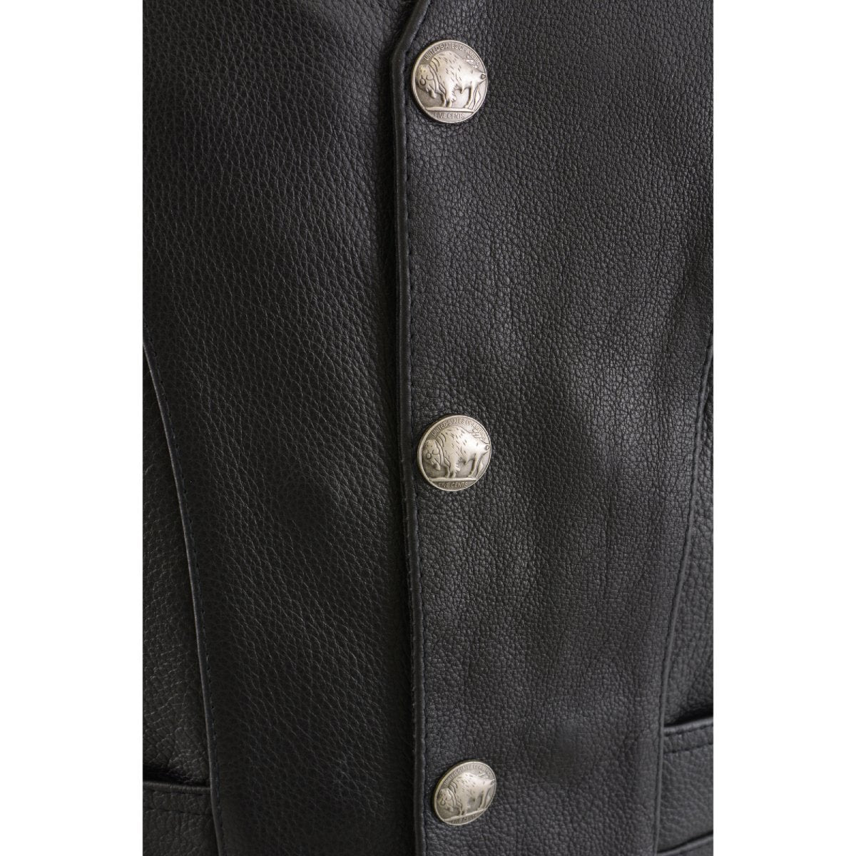 ML1369 Men's Black Premium Leather Side Lace Motorcycle Rider Vest w/ Buffalo Nickel Snaps Closure